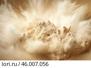Whey protein powder exploding on impact creating a cloud of dust. Стоковое AI-изображение, AI-художник Иван Рябоконь / Фотобанк Лори