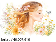 Девушка в поле среди цветов, летний день. Стоковое AI-изображение, AI-художник Щеголева Ольга / Фотобанк Лори
