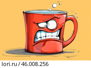 Red mug showing angry expression while bubbling water. Стоковое AI-изображение, AI-художник Иван Рябоконь / Фотобанк Лори