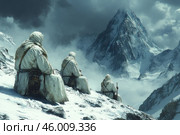 A stark mountain scene in which three people in winter whites sit on a snowy slope, looking up at a majestic snow-capped mountain peak rising on the horizon. Their clothing protects them from the cold, and they are equipped with tools or weapons, perhaps wanderers or explorers. Dark storm clouds hang over the mountaintop, adding to the drama of the scene. The painting conveys a sense of loneliness, natural grandeur, and resilience. Стоковое AI-изображение, AI-художник Анна Кривицкая / Фотобанк Лори