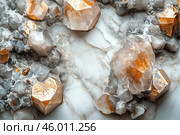 Crystals and minerals that form a natural texture. The main tone consists of white, gray and golden shades. The crystals have a faceted shape, and the golden elements look like metallic inclusions or minerals, such as pyrite. The background of the marble texture emphasizes the natural beauty of the crystals. The image creates a feeling of luxury, naturalness and harmony. Стоковое AI-изображение, AI-художник Анна Кривицкая / Фотобанк Лори