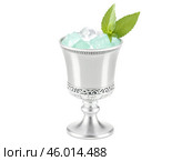 Mint Julep cocktail, icy silver cup, lush mint bouquet, amber bourbon, beads of moisture, Kentucky Derby sophistication. Стоковое AI-изображение, AI-художник svetograph / Фотобанк Лори