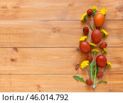 Easter composition with yellow dandelion flowers and painted red Easter eggs on wooden background. Empty space for greeting text or holiday message. Flat lay, copy space, mock up, blank, top view. Стоковое фото, фотограф Виктория Катьянова / Фотобанк Лори