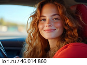 Счастливая девушка за рулем автомобиля. Стоковое AI-изображение, AI-художник Щеголева Ольга / Фотобанк Лори