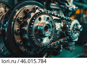 Close up of automotive timing chain connecting camshaft and crankshaft gears. Стоковое AI-изображение, AI-художник Иван Рябоконь / Фотобанк Лори