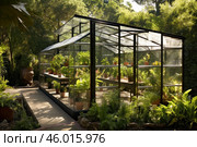 Greenhouse sheltering lush tropical plants in botanical garden. Стоковое AI-изображение, AI-художник Иван Рябоконь / Фотобанк Лори