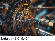 Bicycle gearset and chain, close up view, showing engineering and mechanics. Стоковое AI-изображение, AI-художник Иван Рябоконь / Фотобанк Лори