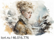 A young girl in a romantic winter landscape. She is dressed in an elegant coat with a high collar and a lace scarf, emphasizing her sophistication. Her light hair is casually gathered into a voluminous hairstyle, and there is a slight blush on her face, which adds warmth to her image. The background is made in watercolor technique with an image of a snowy forest and architectural elements - a church or a tower, creating a fairy-tale atmosphere. The overall style of the painting combines the lightness, coldness and romance of winter. Стоковое AI-изображение, AI-художник Анна Кривицкая / Фотобанк Лори