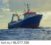 Рыболовецкий траулер занимается ловлей рыбы и морепродуктов в вечернем океане. Рыболовецкое судно в море (2024 год). Стоковое фото, фотограф Олег Елагин / Фотобанк Лори