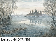 A winter landscape with a Russian church in the background. The domes of the cathedral are reflected in the ice-covered river, creating a sense of peace and quiet. The water is partially frozen, with chunks of ice floating. The leafless trees in the foreground frame the scene, adding detail and depth. The light sky with soft clouds emphasizes the frosty, clear day. The painting conveys the atmosphere of a Russian winter, where nature and architecture coexist harmoniously. Стоковое AI-изображение, AI-художник Анна Кривицкая / Фотобанк Лори