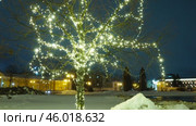Petrozavodsk, Karelia, Russia, January 14, 2025: Vladimir Ilyich Lenin Square, center. Winter garlands and Christmas decorations, festive decor. Cozy spaces, magical atmosphere during holiday season. Редакционное видео, видеограф Юлия Петровская / Фотобанк Лори