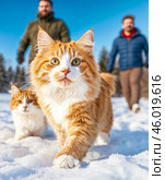 Два рыжих кота гуляют по снегу с хозяевами в ясный солнечный зимний день. Стоковое AI-изображение, AI-художник Сергей Никифоров-Гордеев / Фотобанк Лори