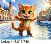На катке.Эмоции. Фигурист веселый на льду набережной реки.Зима. Стоковое AI-изображение, AI-художник Елена Рассоха / Фотобанк Лори