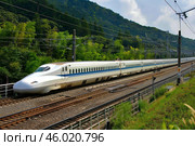 Shinkansen bullet train running through picturesque japanese countryside. Стоковое AI-изображение, AI-художник Иван Рябоконь / Фотобанк Лори