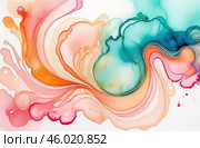 Alcohol ink art full frame background. Currents of emerald green hues, stains, golden swirls, peach fuzz color flowing textures. Aquarelle abstract fluid painting. Can be used as vertical poster. Стоковое AI-изображение, AI-художник Марина Демидюк / Фотобанк Лори