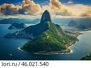 Sugarloaf mountain dominating rio de janeiro skyline on a sunny day. Стоковое AI-изображение, AI-художник Иван Рябоконь / Фотобанк Лори