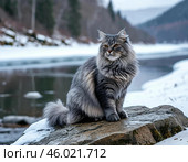 красивый, большой, пушистый серый кот в солнечный зимний день. Стоковое AI-изображение, AI-художник Руслан Лесков / Фотобанк Лори
