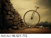 Penny farthing leaning against stone wall in a mountainous landscape. Стоковое AI-изображение, AI-художник Иван Рябоконь / Фотобанк Лори