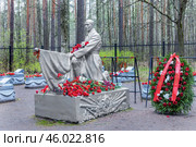 Военное мемориальное кладбище "Сосновка" фронтовым летчикам защитникам Ленинградского неба. Памятник "Воин со знаменем". Санкт-Петербург (2021 год). Редакционное фото, фотограф Grigory_Gez / Фотобанк Лори