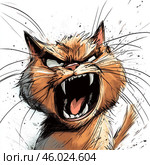 A furious cat with an open mouth, revealing sharp teeth. The art style is reminiscent of comics or graphic novels with expressive lines and accents that create dynamism and energy. An angry and aggressive look enhances the emotional tension of the scene. The color palette is focused on red, black and white shades. Стоковое AI-изображение, AI-художник Анна Кривицкая / Фотобанк Лори