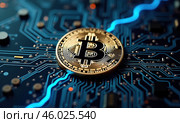 Монета биткоин, как чип на плате. Стоковое AI-изображение, AI-художник Илья Старков / Фотобанк Лори