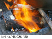 Костровище, горящее полено, пламя и угли. A bonfire, a burning log, flames and coals. Стоковое фото, фотограф Татьяна Д / Фотобанк Лори