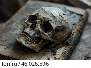 Weathered human skull resting on ancient book symbolizing mortality. Стоковое AI-изображение, AI-художник Иван Рябоконь / Фотобанк Лори