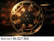 Vintage nab audio tape reel spinning in playback mode with archive in background. Стоковое AI-изображение, AI-художник Иван Рябоконь / Фотобанк Лори