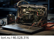 Deconstructed laptop showing motherboard and electronic components in workshop. Стоковое AI-изображение, AI-художник Иван Рябоконь / Фотобанк Лори