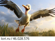 Cgi pelican flying over wetlands with open wings at sunset. Стоковое AI-изображение, AI-художник Иван Рябоконь / Фотобанк Лори