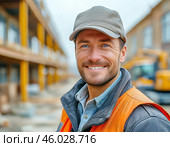 Smiling man observes safety precautions at work. Safety precautions at work. Стоковое AI-изображение, AI-художник Сергей Елизарьев / Фотобанк Лори