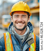 Smiling man observes safety precautions at work. Safety precautions at work. Стоковое AI-изображение, AI-художник Сергей Елизарьев / Фотобанк Лори