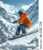 Snowboarding is a winter sport that involves sliding down snowy mountain slopes or performing acrobatic tricks on a specially designed board. Стоковое AI-изображение, AI-художник Сергей Елизарьев / Фотобанк Лори