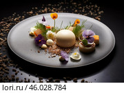 Elegant gourmet dessert garnished with edible flowers and crumbles on a dark plate. Стоковое AI-изображение, AI-художник Иван Рябоконь / Фотобанк Лори