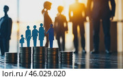 Paper people standing on a coin stacks. Insightful Analysis of Investment. Business Metrics, Performance Trends. Visual representation shows growth, success, achievement. Income gap. Market recovery. Стоковое AI-видео, аниматор Марина Демидюк / Фотобанк Лори