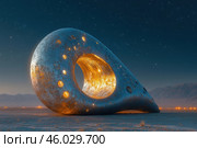 A futuristic architectural structure resembling a giant, curved toroid with holes. The surface of the structure appears metallic, with a texture reminiscent of old metal or stone, interspersed with light that pours from internal sources. The structure is illuminated by a warm yellow light, contrasting with the cool blue background of the night sky, dotted with stars. The surrounding area is deserted, emphasizing its grandeur and mystery. Стоковое AI-изображение, AI-художник Анна Кривицкая / Фотобанк Лори