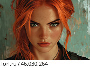 A young woman with bright red hair flowing freely around her face. Her gaze is piercing, with expressive green eyes that attract attention. Her face is decorated with freckles, which adds naturalness and uniqueness to the image. In the background, a textured bluish-turquoise wall with an effect of aging and peeling paint is visible, creating a contrast with the brightness of her appearance. The woman looks strong and purposeful. Стоковое AI-изображение, AI-художник Анна Кривицкая / Фотобанк Лори