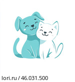 Cute and friendly stylized figures of a dog and a cat. They are depicted in a cartoon style, both smiling, creating a sense of harmony and friendship between animals. Dogs and cats have a simplified and laconic design, made in pastel shades of blue and white. The illustration has a minimalist background, which makes it versatile and suitable for use in logos, children's books or graphic designs. Стоковое AI-изображение, AI-художник Анна Кривицкая / Фотобанк Лори