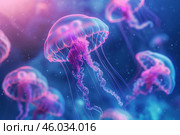 Glowing jellyfish swimming in deep ocean with bioluminescent light. Стоковое AI-изображение, AI-художник Иван Рябоконь / Фотобанк Лори