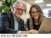 Сцена из офисной жизни: пожилой мужчина в деловом костюме и привлекательная молодая женщина работают бок о бок. Стоковое AI-изображение, AI-художник Ярославский Максим / Фотобанк Лори