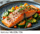 Лосось запечённый с овощами, красивая подача. Стоковое AI-изображение, AI-художник Руслан Лесков / Фотобанк Лори