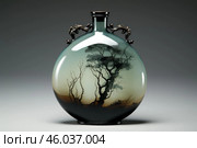 Round glass vase depicting a bare tree landscape painting. Стоковое AI-изображение, AI-художник Иван Рябоконь / Фотобанк Лори