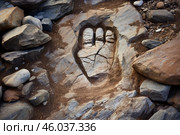 Petroglyph of a hand carved on stone, representing ancient culture. Стоковое AI-изображение, AI-художник Иван Рябоконь / Фотобанк Лори