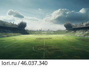 Deserted soccer field overgrown with lush vegetation in post apocalyptic city. Стоковое AI-изображение, AI-художник Иван Рябоконь / Фотобанк Лори
