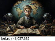 Young geographer studying antique maps and globes in his study. Стоковое AI-изображение, AI-художник Иван Рябоконь / Фотобанк Лори