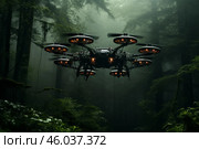 Octocopter drone flying in misty forest at night. Стоковое AI-изображение, AI-художник Иван Рябоконь / Фотобанк Лори