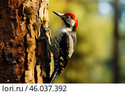 Middle spotted woodpecker climbing on tree trunk. Стоковое AI-изображение, AI-художник Иван Рябоконь / Фотобанк Лори