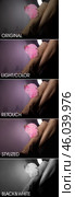 Collage retouch pictures before and after skin processing. Lovely woman legs with soft feather before and after retouching with photo editors. Edited photos being compared concept. Copy ad text space. Стоковое фото, фотограф Aleksandr Golubev / Фотобанк Лори
