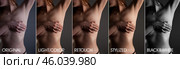 Collage set of retouch pictures before and after skin processing with photo editors. Photo of woman body covering before and after retouching. Edited photos being compared concept. Copy ad text space. Стоковое фото, фотограф Aleksandr Golubev / Фотобанк Лори