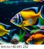 A green beautiful planted tropical freshwater aquarium with fishes.Freshwater aquarium fish, The Sail-fin molly, (Poecilia velifera ), gold, white, silver and dalmatin mutation. Стоковое AI-изображение, AI-художник Александра Рублева / Фотобанк Лори